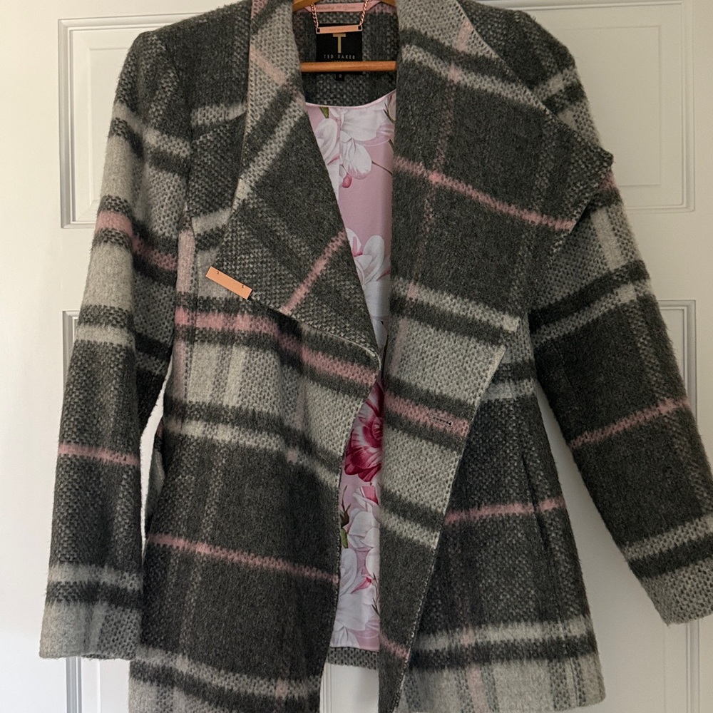 Ted Baker Fredde Short Check Wool Wrap Coat, Light Grey - Picture 2 of 4
